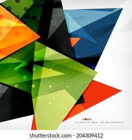 Modern 3d glossy overlapping triangles in different colors with texture and light effects. Business brochure background design with copyspace