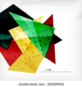 Modern 3d glossy overlapping triangles in different colors with texture and light effects. Business brochure background design with copyspace