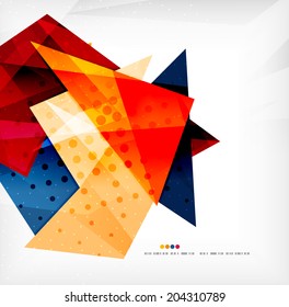 Triángulos modernos 3d brillantes superpuestos en diferentes colores con textura y efectos de luz. Diseño de fondo de folletos empresariales con espacio de copias