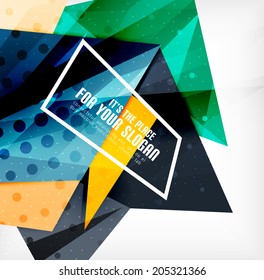 Modern 3d glossy overlapping triangles in different colors with texture and light effects. Business brochure background design with copyspace