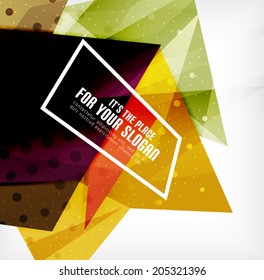 Modern 3d glossy overlapping triangles in different colors with texture and light effects. Business brochure background design with copyspace