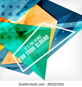 Modern 3d glossy overlapping triangles in different colors with texture and light effects. Business brochure background design with copyspace