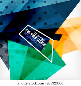 Triángulos modernos 3d brillantes superpuestos en diferentes colores con textura y efectos de luz. Diseño de fondo de folletos empresariales con espacio de copias
