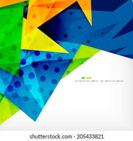Triángulos modernos 3d brillantes superpuestos en diferentes colores con textura y efectos de luz. Diseño de fondo de folletos empresariales con espacio de copias
