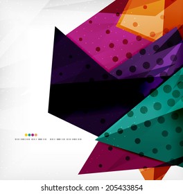 Modern 3d glossy overlapping triangles in different colors with texture and light effects. Business brochure background design with copyspace