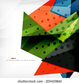 Modern 3d glossy overlapping triangles in different colors with texture and light effects. Business brochure background design with copyspace