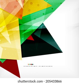 Modern 3d glossy overlapping triangles in different colors with texture and light effects. Business brochure background design with copyspace