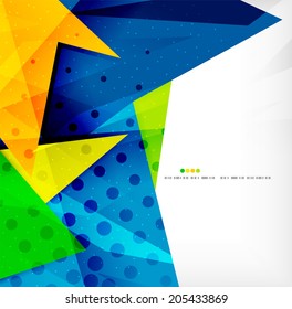 Triángulos modernos 3d brillantes superpuestos en diferentes colores con textura y efectos de luz. Diseño de fondo de folletos empresariales con espacio de copias