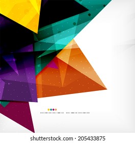 Triángulos modernos 3d brillantes superpuestos en diferentes colores con textura y efectos de luz. Diseño de fondo de folletos empresariales con espacio de copias