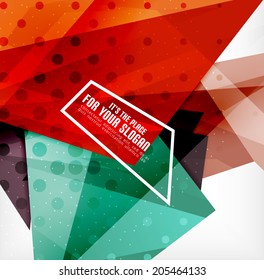Modern 3d glossy overlapping triangles in different colors with texture and light effects. Business brochure background design with copyspace