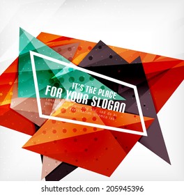Modern 3d glossy overlapping triangles in different colors with texture and light effects. Business brochure background design with copyspace