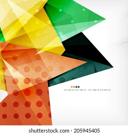 Modern 3d glossy overlapping triangles in different colors with texture and light effects. Business brochure background design with copyspace