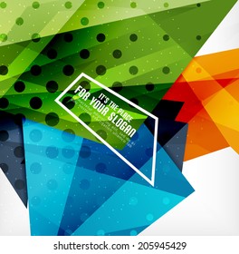 Modern 3d glossy overlapping triangles in different colors with texture and light effects. Business brochure background design with copyspace