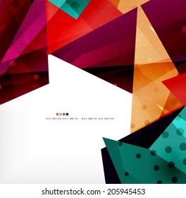 Modern 3d glossy overlapping triangles in different colors with texture and light effects. Business brochure background design with copyspace