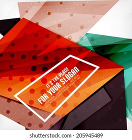 Triángulos modernos 3d brillantes superpuestos en diferentes colores con textura y efectos de luz. Diseño de fondo de folletos empresariales con espacio de copias