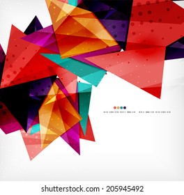 Modern 3d glossy overlapping triangles in different colors with texture and light effects. Business brochure background design with copyspace