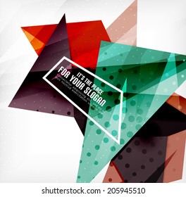 Modern 3d glossy overlapping triangles in different colors with texture and light effects. Business brochure background design with copyspace