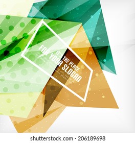 Modern 3d glossy overlapping triangles in different colors with texture and light effects. Business brochure background design with copyspace