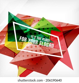 Modern 3d glossy overlapping triangles in different colors with texture and light effects. Business brochure background design with copyspace