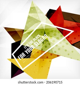 Modern 3d glossy overlapping triangles in different colors with texture and light effects. Business brochure background design with copyspace