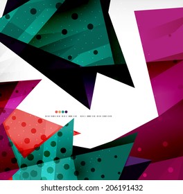 Triángulos modernos 3d brillantes superpuestos en diferentes colores con textura y efectos de luz. Diseño de fondo de folletos empresariales con espacio de copias