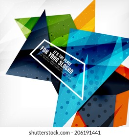 Triángulos modernos 3d brillantes superpuestos en diferentes colores con textura y efectos de luz. Diseño de fondo de folletos empresariales con espacio de copias
