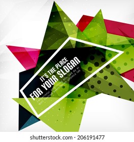 Modern 3d glossy overlapping triangles in different colors with texture and light effects. Business brochure background design with copyspace