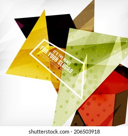 Modern 3d glossy overlapping triangles in different colors with texture and light effects. Business brochure background design with copyspace