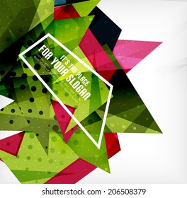 Triángulos modernos 3d brillantes superpuestos en diferentes colores con textura y efectos de luz. Diseño de fondo de folletos empresariales con espacio de copias