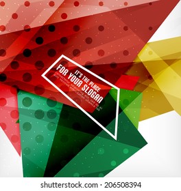 Triángulos modernos 3d brillantes superpuestos en diferentes colores con textura y efectos de luz. Diseño de fondo de folletos empresariales con espacio de copias