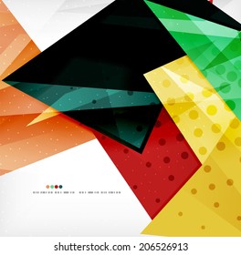 Triángulos modernos 3d brillantes superpuestos en diferentes colores con textura y efectos de luz. Diseño de fondo de folletos empresariales con espacio de copias