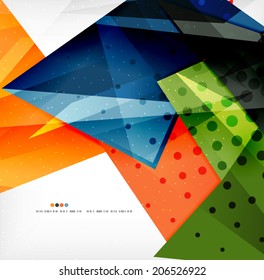Modern 3d glossy overlapping triangles in different colors with texture and light effects. Business brochure background design with copyspace