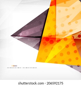 Triángulos modernos 3d brillantes superpuestos en diferentes colores con textura y efectos de luz. Diseño de fondo de folletos empresariales con espacio de copias
