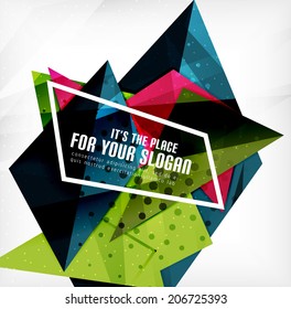 Modern 3d glossy overlapping triangles in different colors with texture and light effects. Business brochure background design with copyspace