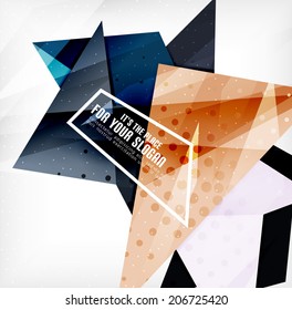 Modern 3d glossy overlapping triangles in different colors with texture and light effects. Business brochure background design with copyspace