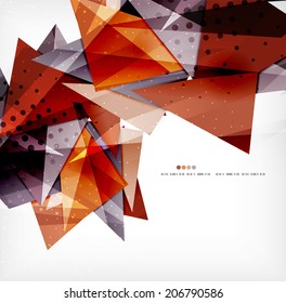 Triángulos modernos 3d brillantes superpuestos en diferentes colores con textura y efectos de luz. Diseño de fondo de folletos empresariales con espacio de copias