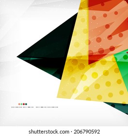 Modern 3d glossy overlapping triangles in different colors with texture and light effects. Business brochure background design with copyspace