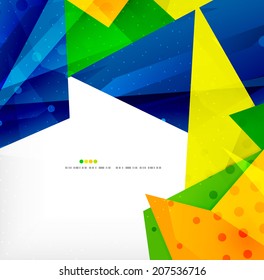Modern 3d glossy overlapping triangles in different colors with texture and light effects. Business brochure background design with copyspace