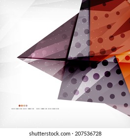 Modern 3d glossy overlapping triangles in different colors with texture and light effects. Business brochure background design with copyspace