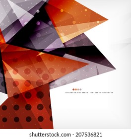 Modern 3d glossy overlapping triangles in different colors with texture and light effects. Business brochure background design with copyspace