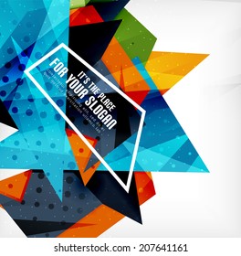 Modern 3d glossy overlapping triangles in different colors with texture and light effects. Business brochure background design with copyspace