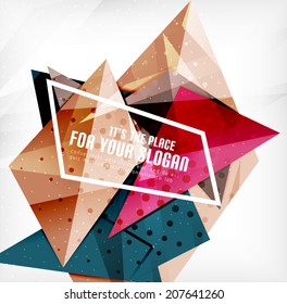 Modern 3d glossy overlapping triangles in different colors with texture and light effects. Business brochure background design with copyspace
