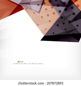 Triángulos modernos 3d brillantes superpuestos en diferentes colores con textura y efectos de luz. Diseño de fondo de folletos empresariales con espacio de copias