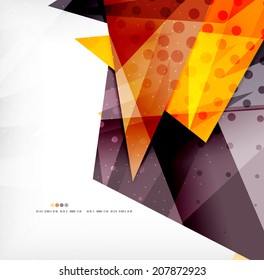 Modern 3d glossy overlapping triangles in different colors with texture and light effects. Business brochure background design with copyspace