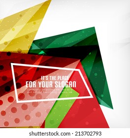 Modern 3d glossy overlapping triangles in different colors with texture and light effects. Business brochure background design with copyspace