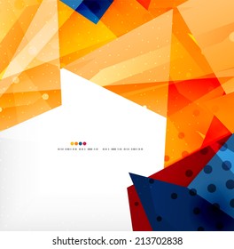 Modern 3d glossy overlapping triangles in different colors with texture and light effects. Business brochure background design with copyspace