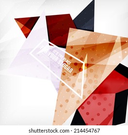 Modern 3d glossy overlapping triangles in different colors with texture and light effects. Business brochure background design with copyspace