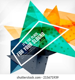 Triángulos modernos 3d brillantes superpuestos en diferentes colores con textura y efectos de luz. Diseño de fondo de folletos empresariales con espacio de copias