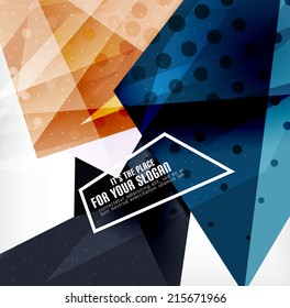 Triángulos modernos 3d brillantes superpuestos en diferentes colores con textura y efectos de luz. Diseño de fondo de folletos empresariales con espacio de copias
