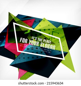 Modern 3d glossy overlapping triangles in different colors with texture and light effects. Business brochure background design with copyspace